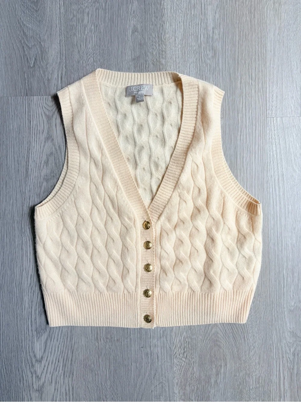 J.Crew 100% Cashmere Cable Knit Sweater Vest Cream Gold Button V-Neck Women's S